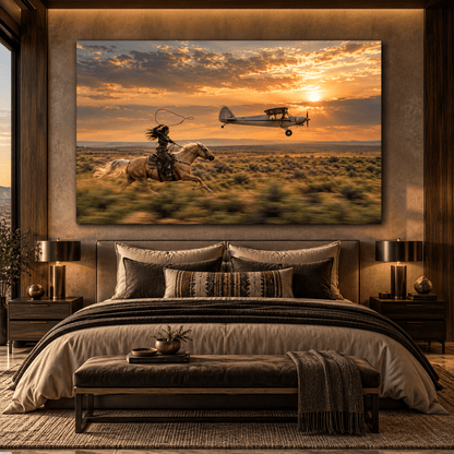 Cowgirl Roping Beside Vintage Airplane Wrapped Canvas Wall Art – Western Horse & Aviation Sunset Print - ART OF ROYALS