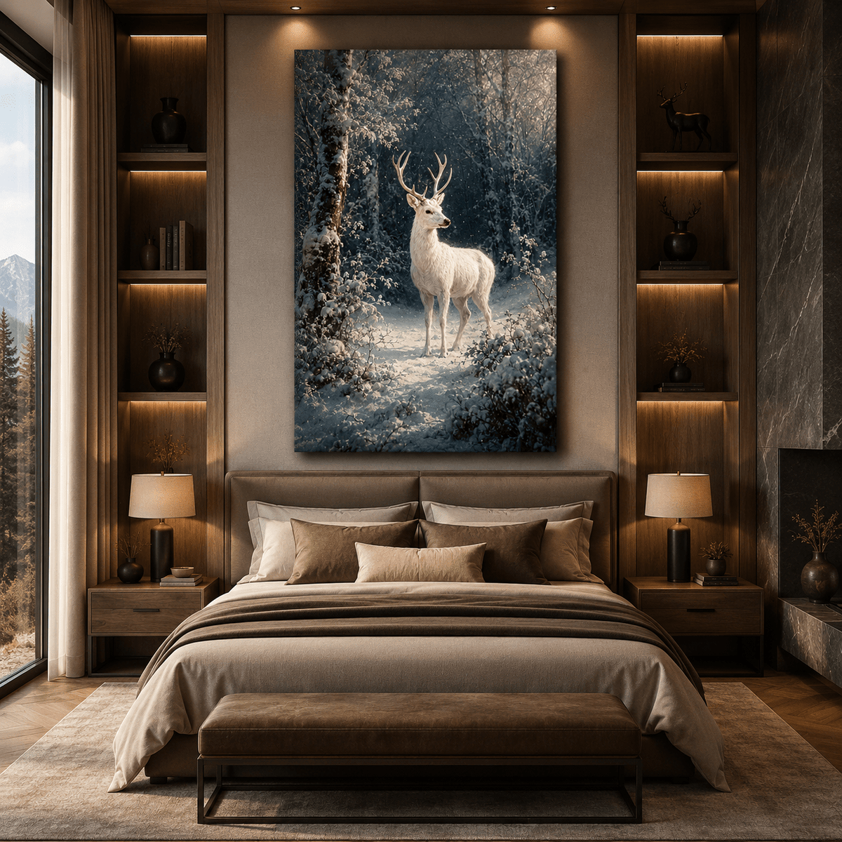 White Stag in Snowfall Wrapped Canvas Wall Art – Ethereal Winter Wildlife Print - ART OF ROYALS
