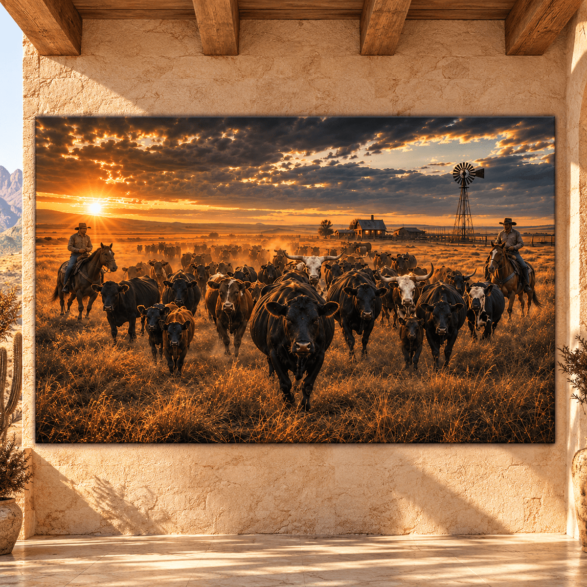 Black Angus Cattle Drive at Sunset Wrapped Canvas Wall Art – Western Cowboys & Ranch Herd Landscape