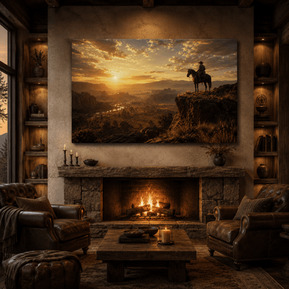 Cowboy Overlooking Western Canyon at Sunset Wrapped Canvas Wall Art – Horseback Rider Landscape Print - ART OF ROYALS