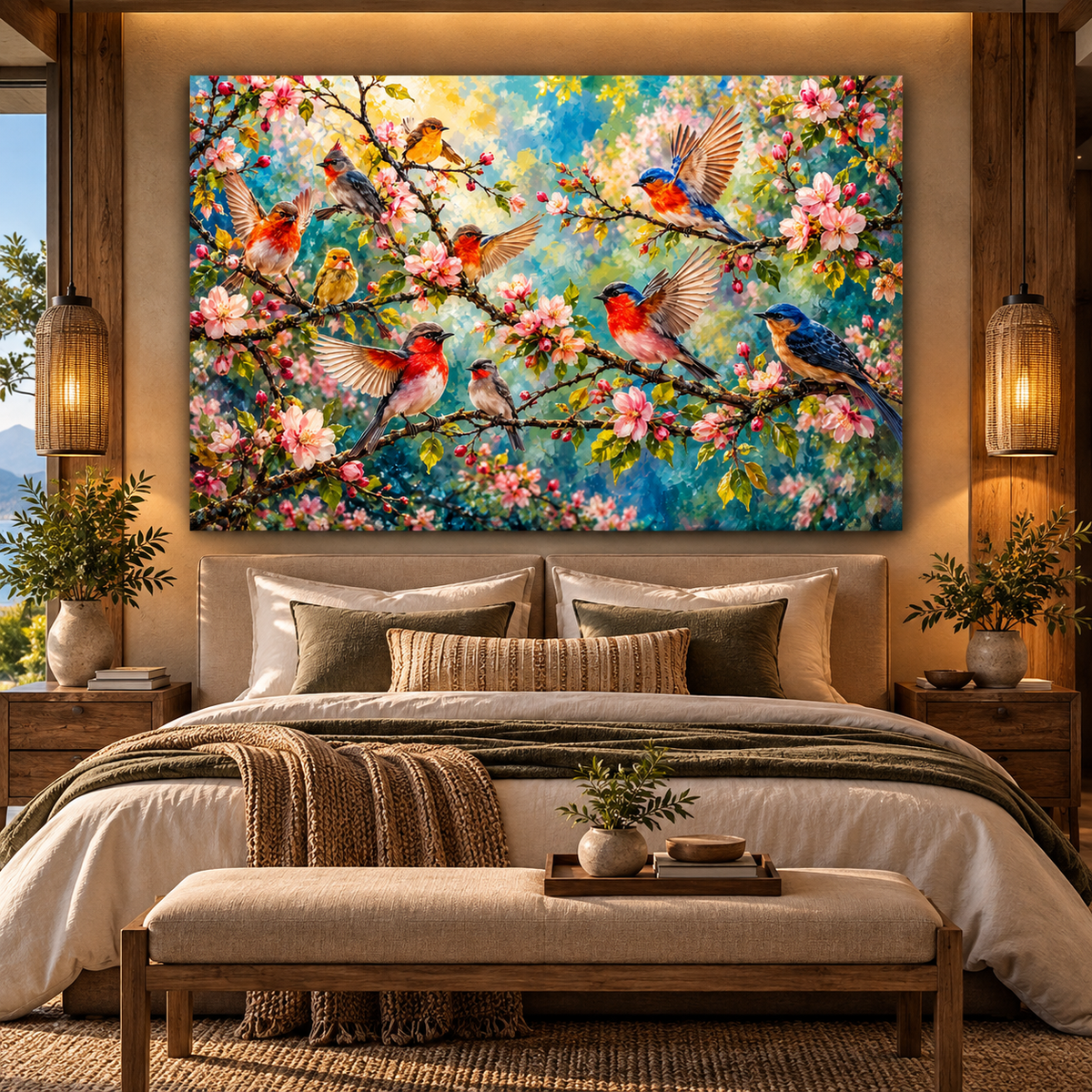 Colorful Songbirds on Pink Blossoming Branches Wrapped Canvas Wall Art – Spring Bird & Floral Nature Print