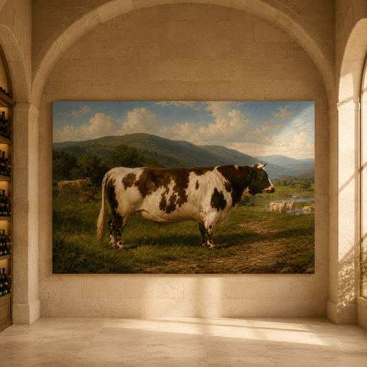 Brown and White Cow in Mountain Pasture Wrapped Canvas Wall Art – Vintage Cattle Farm Landscape Print - ART OF ROYALS