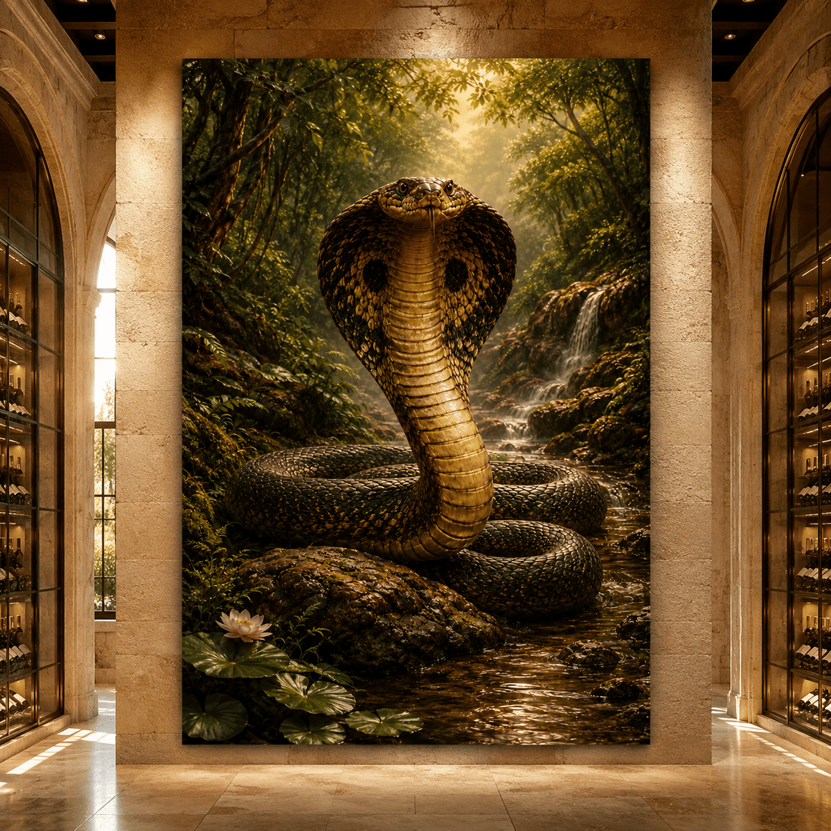 King Cobra in Jungle Stream Wrapped Canvas Wall Art – Mystical Exotic Wildlife Print - ART OF ROYALS