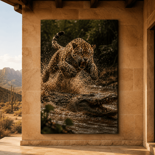 Jaguar Leaping Over Crocodile Wrapped Canvas Wall Art – Dramatic Jungle Predator Wildlife Print - ART OF ROYALS