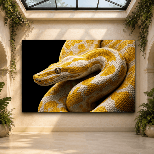Golden Yellow and White Python Wrapped Canvas Wall Art – Close-Up Reptile Wildlife Print - ART OF ROYALS