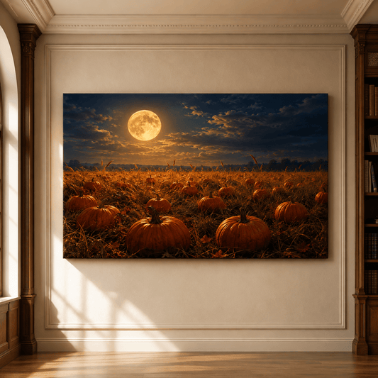 Pumpkin Patch Under Full Moon Wrapped Canvas Wall Art – Autumn Harvest Halloween Landscape Print - ART OF ROYALS