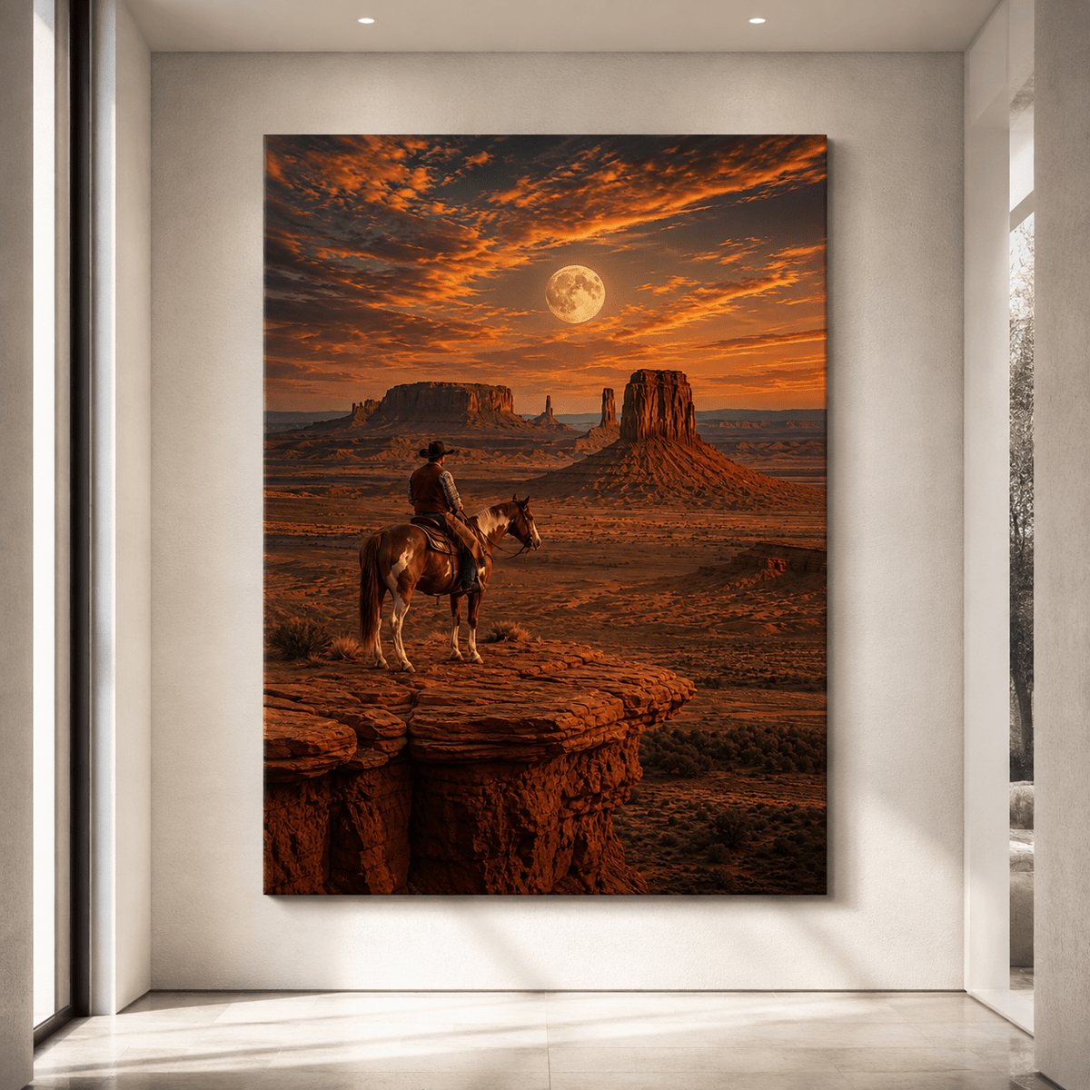 Cowboy Overlooking Monument Valley Wrapped Canvas Wall Art – Western Horseback Desert Sunset Print - ART OF ROYALS