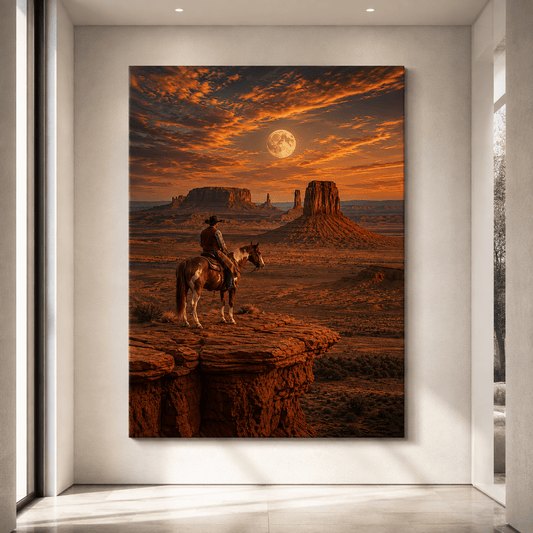 Cowboy Overlooking Monument Valley Wrapped Canvas Wall Art – Western Horseback Desert Sunset Print - ART OF ROYALS