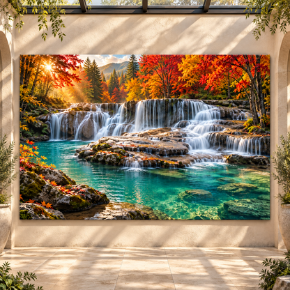 Autumn Waterfall and Turquoise Pool Wrapped Canvas Wall Art – Colorful Forest Landscape Print