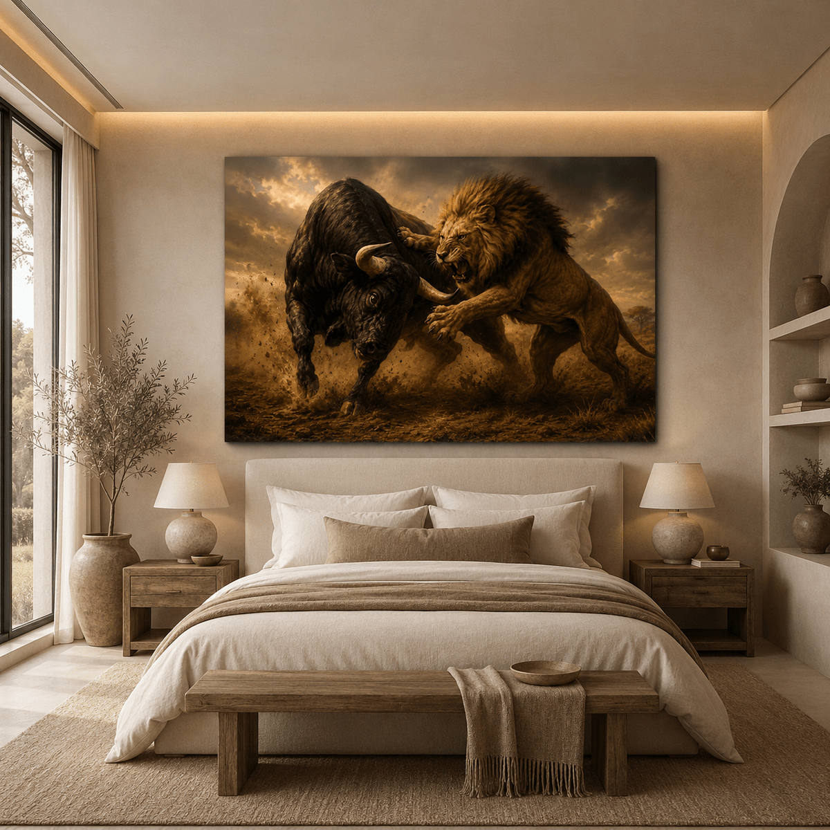Lion Fighting Black Bull Wrapped Canvas Wall Art – Dramatic Wildlife Battle & Western Cattle Print - ART OF ROYALS