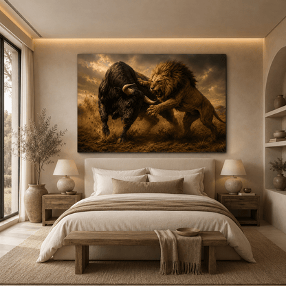 Lion Fighting Black Bull Wrapped Canvas Wall Art – Dramatic Wildlife Battle & Western Cattle Print - ART OF ROYALS