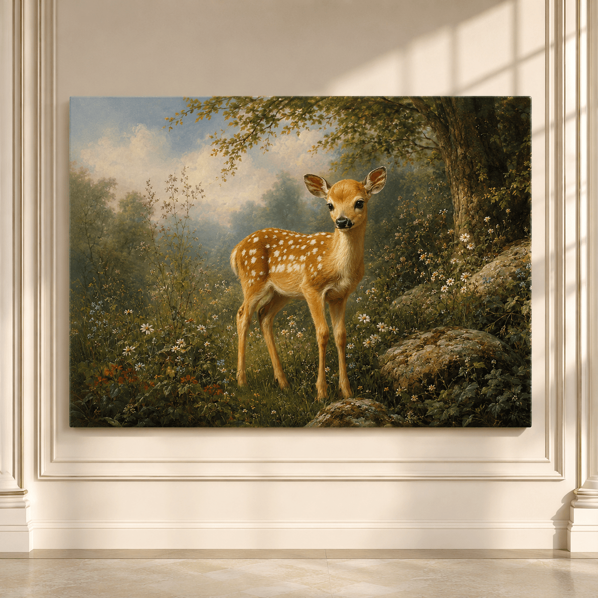 Spotted Fawn in Wildflower Meadow Wrapped Canvas Wall Art – Woodland Baby Deer Nature Print - ART OF ROYALS