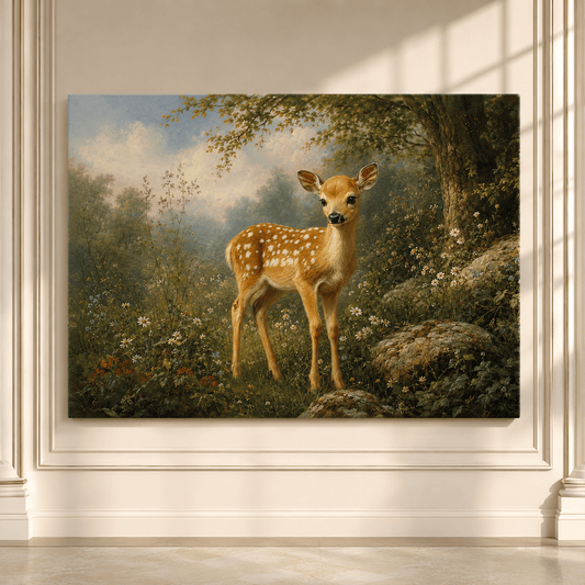 Spotted Fawn in Wildflower Meadow Wrapped Canvas Wall Art – Woodland Baby Deer Nature Print - ART OF ROYALS