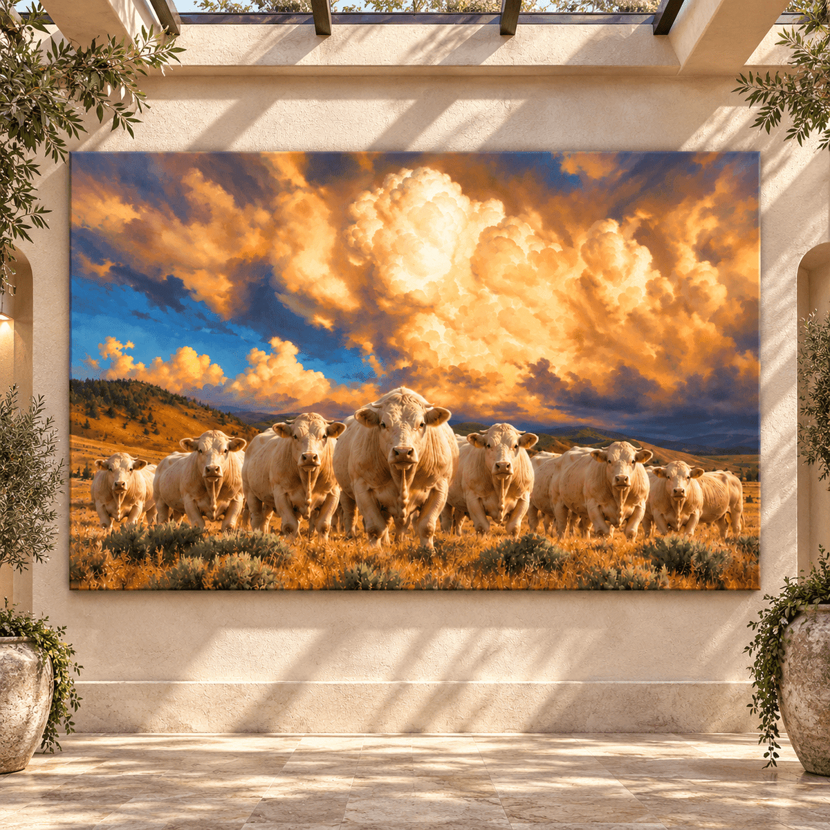 Charolais Cattle Herd Under Golden Storm Clouds Wrapped Canvas Wall Art – Western Ranch Cow Landscape - ART OF ROYALS