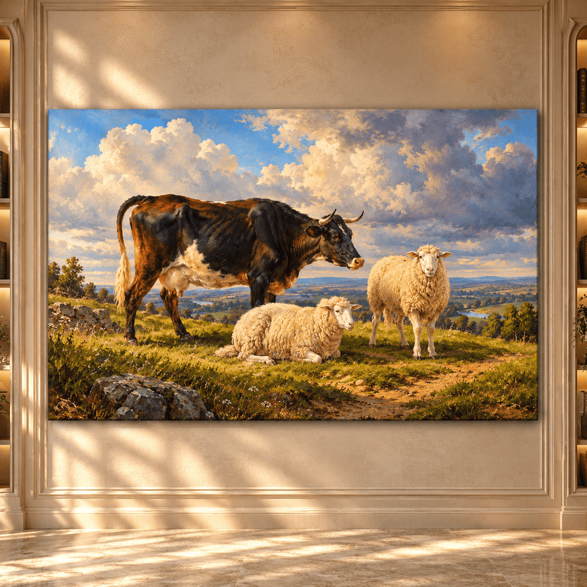 Cow and Sheep Pasture Wrapped Canvas Wall Art – Rustic Farm Animal Countryside Painting - ART OF ROYALS