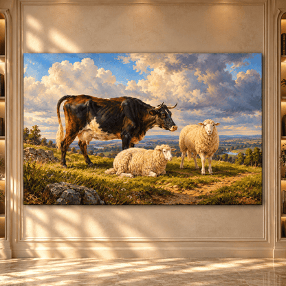 Cow and Sheep Pasture Wrapped Canvas Wall Art – Rustic Farm Animal Countryside Painting - ART OF ROYALS