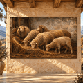 Sheep Feeding in Rustic Barn Wrapped Canvas Wall Art – Vintage Farmhouse Flock Painting