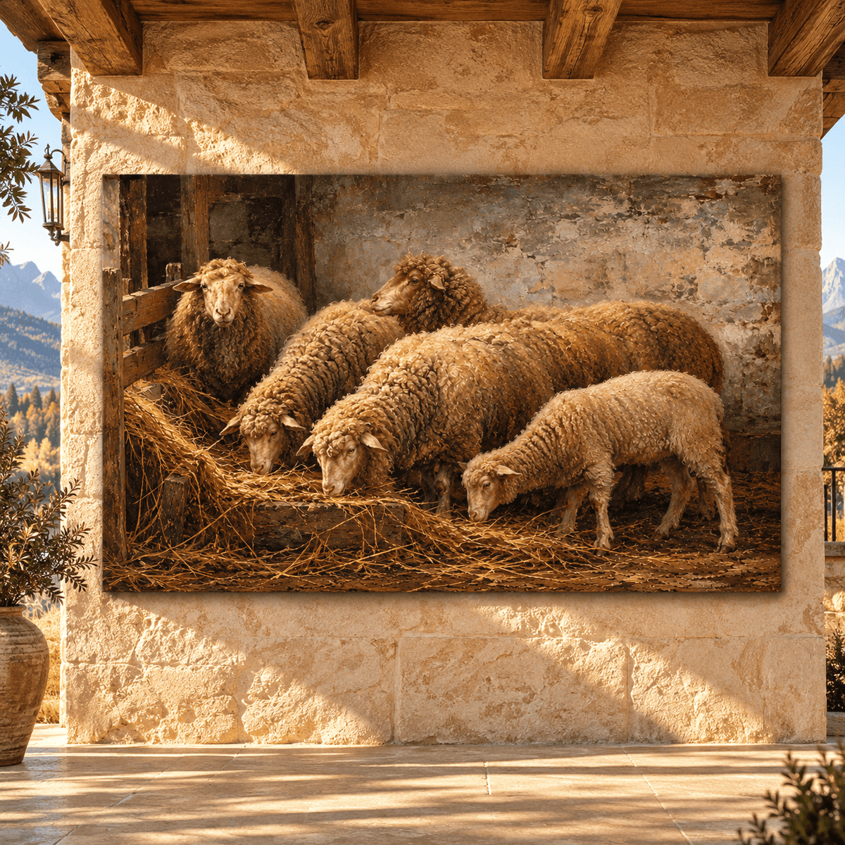Sheep Feeding in Rustic Barn Wrapped Canvas Wall Art – Vintage Farmhouse Flock Painting