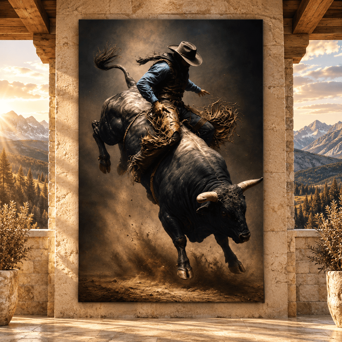 Bull Riding Cowboy Wrapped Canvas Wall Art – Bucking Bull Western Rodeo Painting - ART OF ROYALS