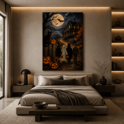Trick-or-Treaters Walking to a Haunted House Wrapped Canvas Wall Art – Vintage Halloween Night Print - ART OF ROYALS