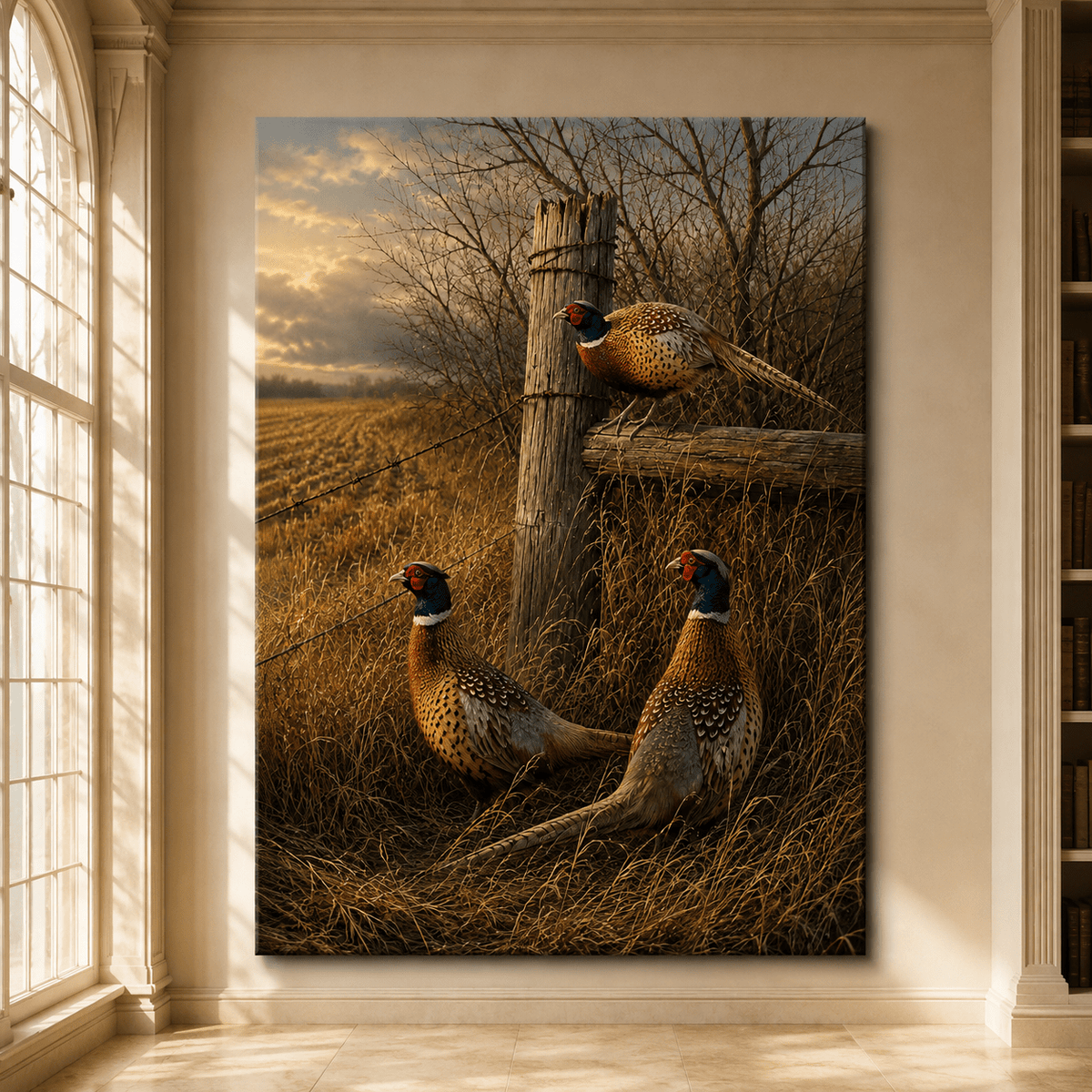 Three Pheasants by Rustic Fence Wrapped Canvas Wall Art – Country Game Bird Wildlife Print - ART OF ROYALS