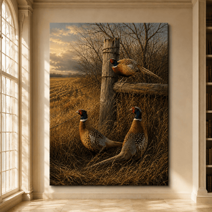 Three Pheasants by Rustic Fence Wrapped Canvas Wall Art – Country Game Bird Wildlife Print - ART OF ROYALS