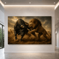 Lion Fighting Black Bull Wrapped Canvas Wall Art – Dramatic Wildlife Battle & Western Cattle Print