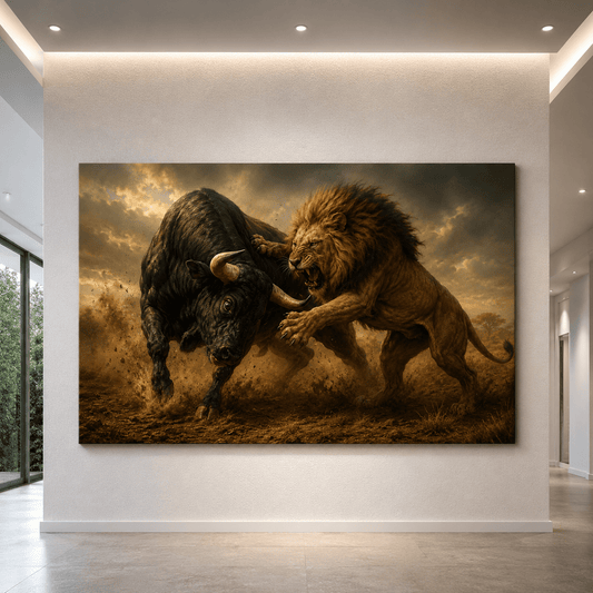 Lion Fighting Black Bull Wrapped Canvas Wall Art – Dramatic Wildlife Battle & Western Cattle Print - ART OF ROYALS