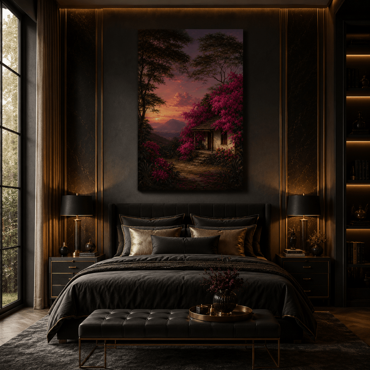 Flower-Covered Cottage at Sunset Wrapped Canvas Wall Art – Romantic Mountain Garden Landscape Print - ART OF ROYALS