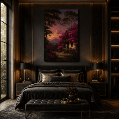 Flower-Covered Cottage at Sunset Wrapped Canvas Wall Art – Romantic Mountain Garden Landscape Print - ART OF ROYALS