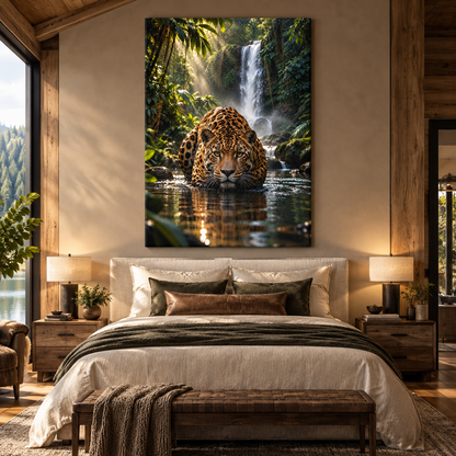 Jaguar Stalking Through Jungle Water Wrapped Canvas Wall Art – Tropical Big Cat Wildlife Print