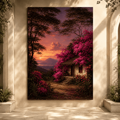 Flower-Covered Cottage at Sunset Wrapped Canvas Wall Art – Romantic Mountain Garden Landscape Print - ART OF ROYALS