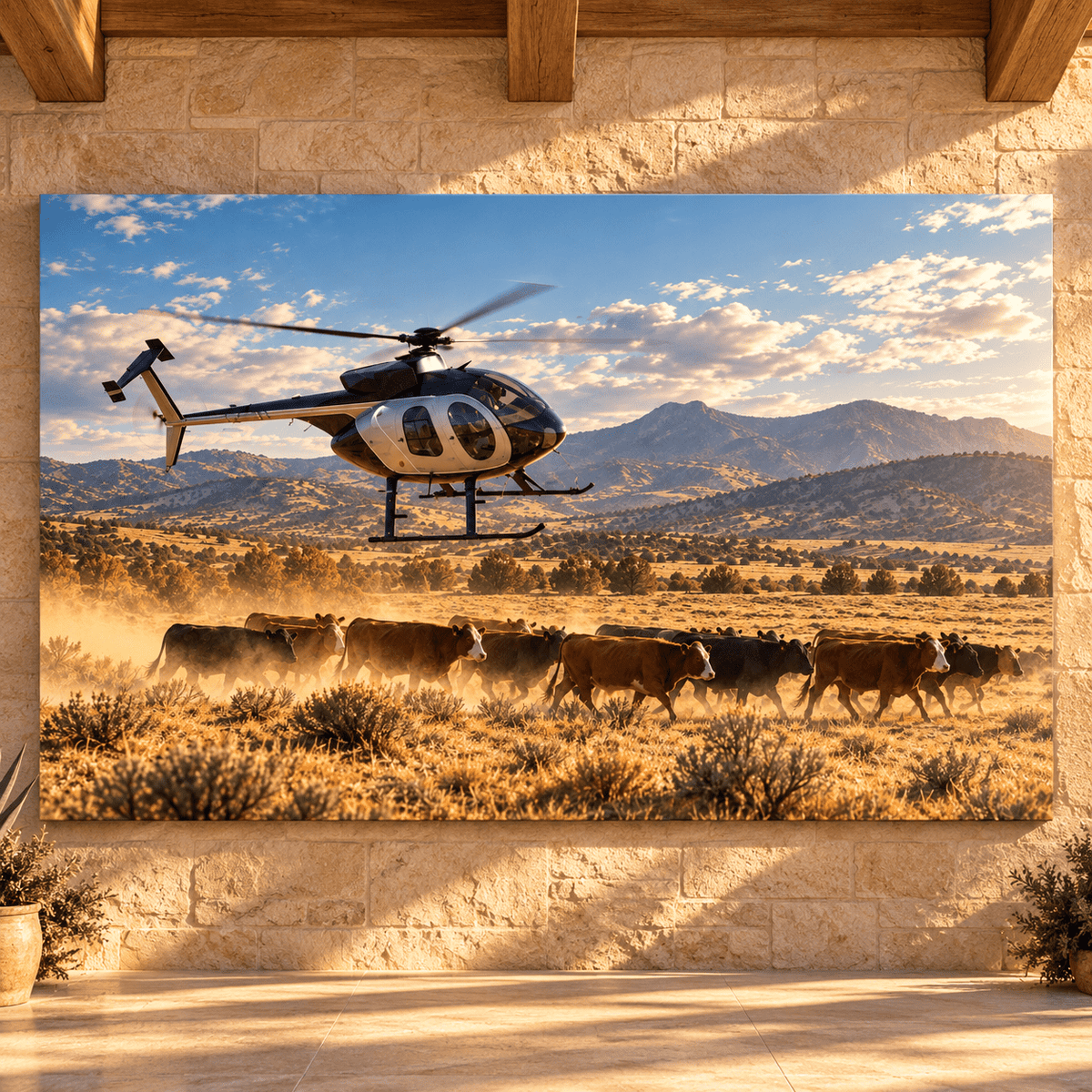 Helicopter Herding Cattle Across Mountain Ranch Wrapped Canvas Wall Art – Western Cattle Mustering Print - ART OF ROYALS
