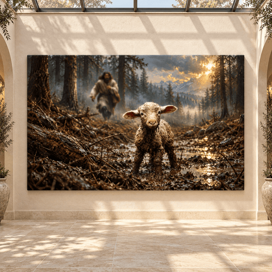 Lost Lamb in the Forest Wrapped Canvas Wall Art – Shepherd Rescue Mountain Landscape - ART OF ROYALS