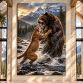 Grizzly Bear Fighting Mountain Lion Wrapped Canvas Wall Art – Dramatic Wildlife Battle Print
