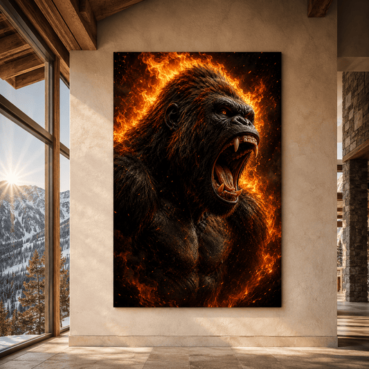 Roaring Gorilla in Flames Wrapped Canvas Wall Art – Fiery Primate Wildlife Portrait Print - ART OF ROYALS