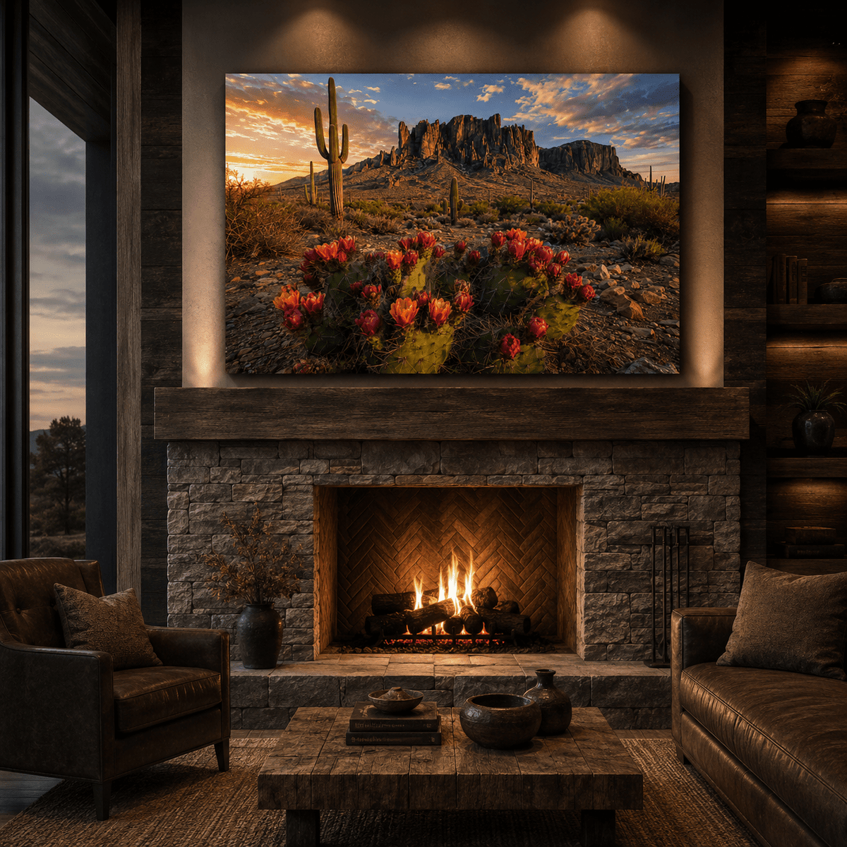 Blooming Desert Cactus at Sunset Wrapped Canvas Wall Art – Southwestern Landscape Print - ART OF ROYALS