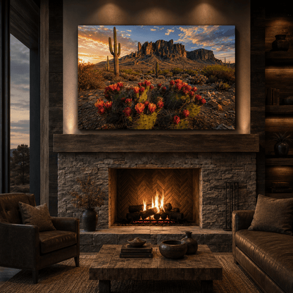 Blooming Desert Cactus at Sunset Wrapped Canvas Wall Art – Southwestern Landscape Print - ART OF ROYALS