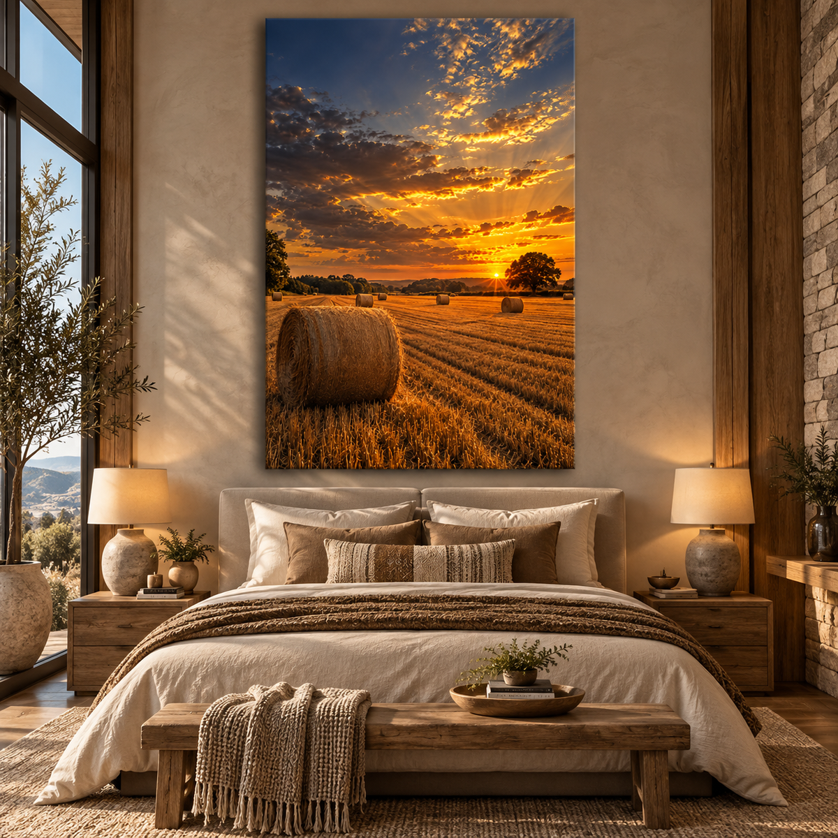 Golden Hay Field at Sunset Wrapped Canvas Wall Art – Rustic Farmhouse Harvest Landscape Print