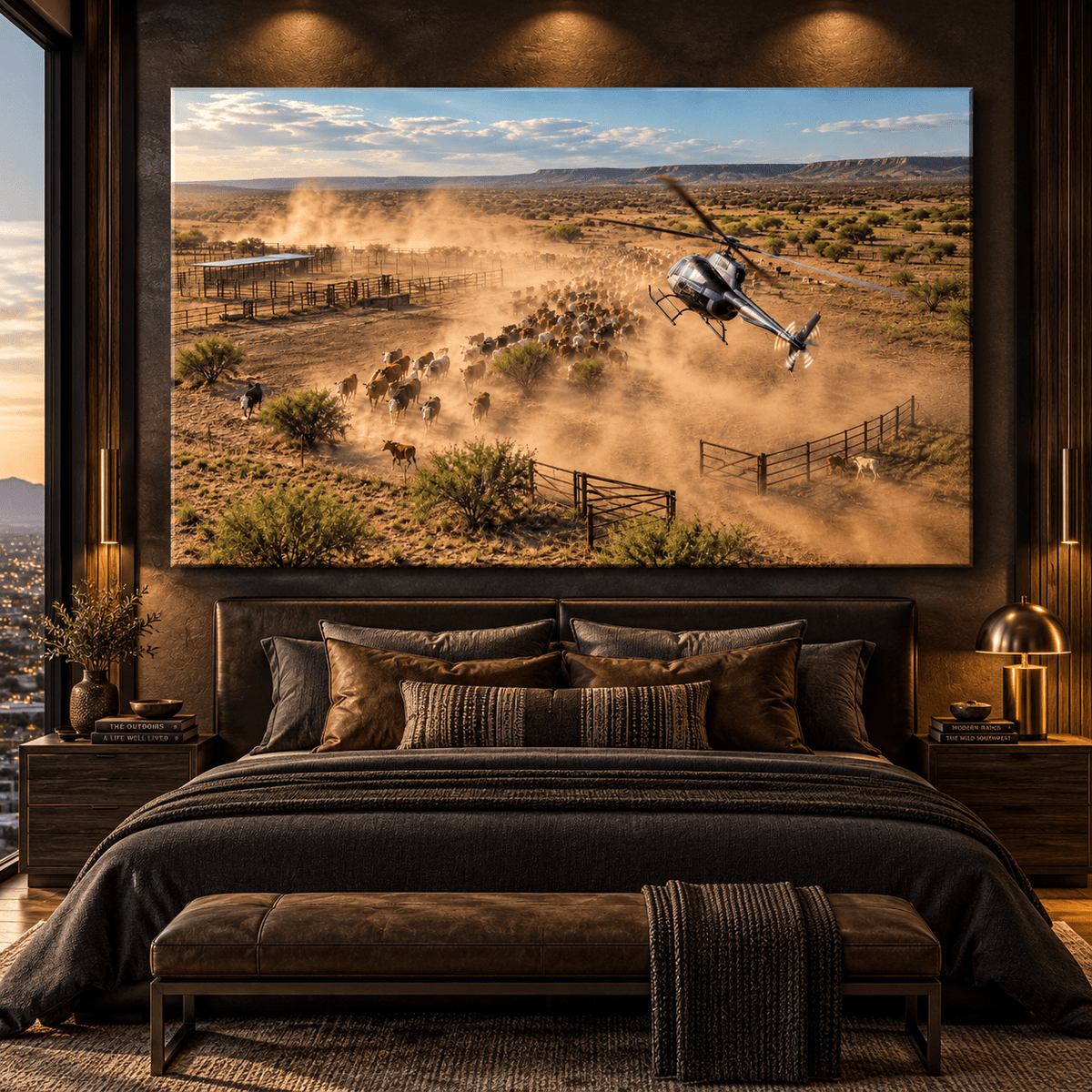 Helicopter Cattle Mustering at Dusty Ranch Wrapped Canvas Wall Art – Aerial Herding Western Landscape Print - ART OF ROYALS