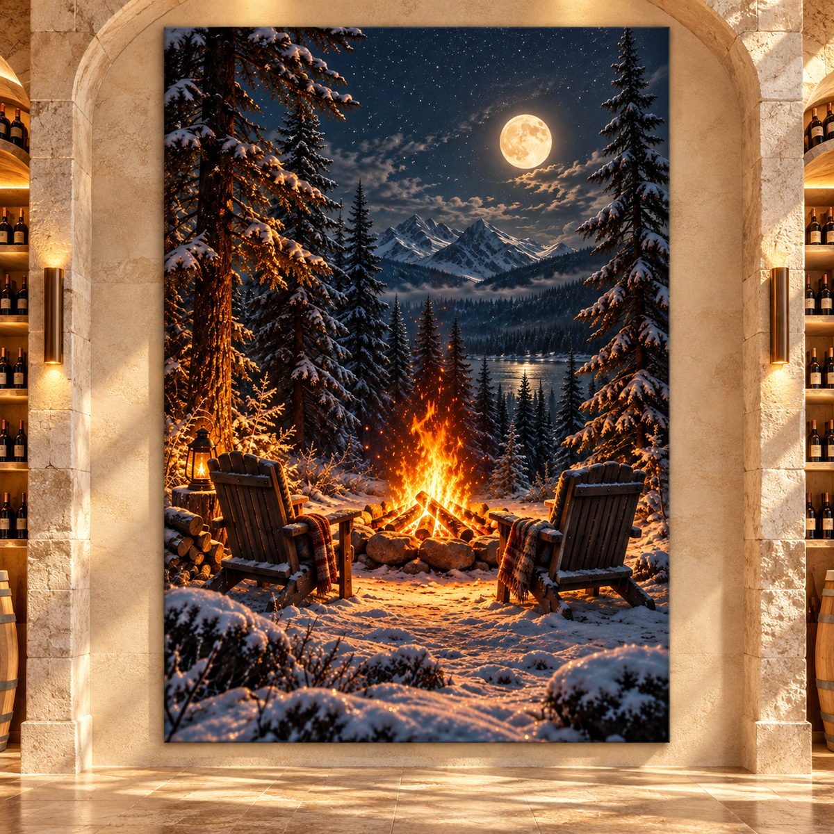 Winter Campfire Under Full Moon Wrapped Canvas Wall Art – Cozy Mountain Cabin Landscape Print