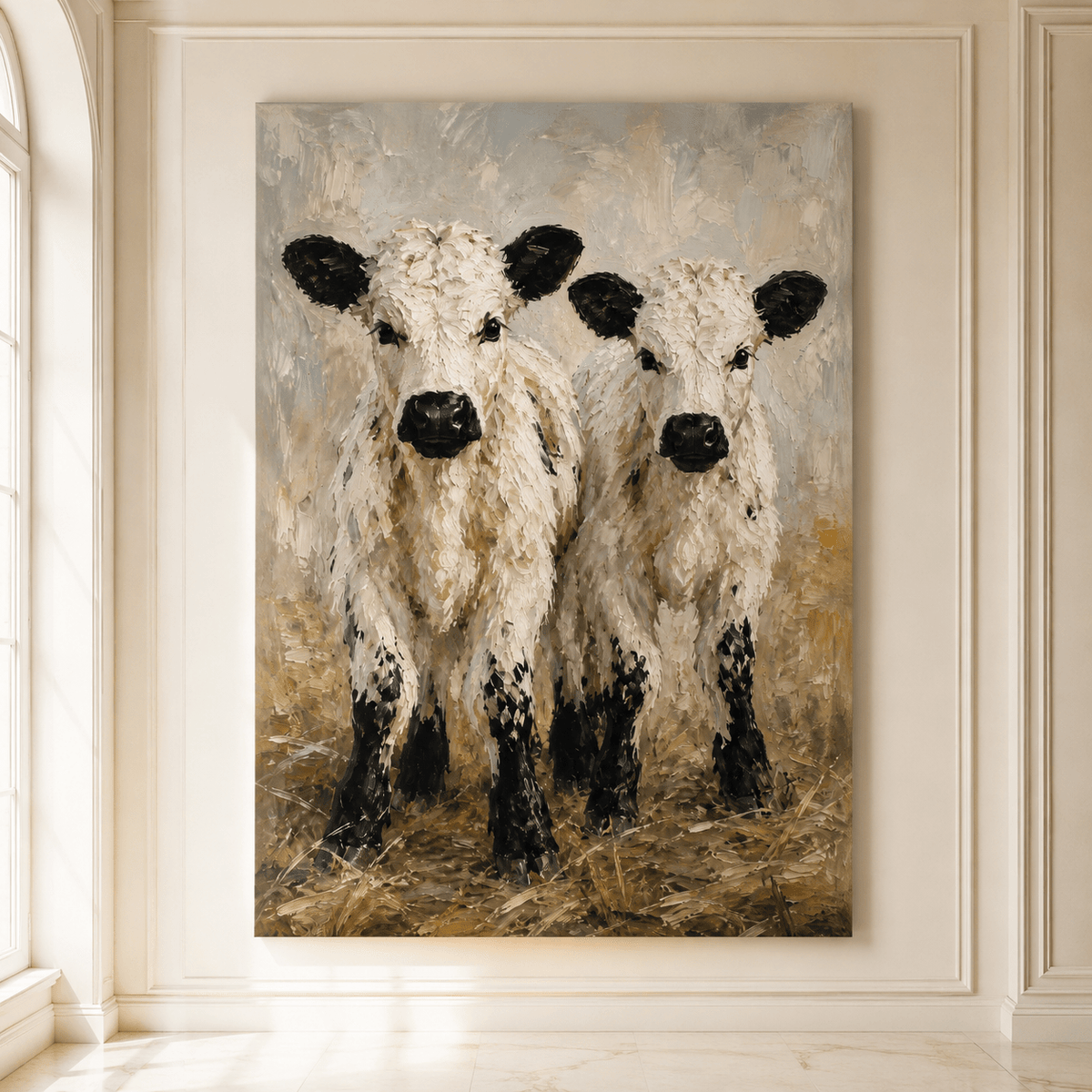 Two White Calves Wrapped Canvas Wall Art – Rustic Farmhouse Baby Cow Painting Print - ART OF ROYALS