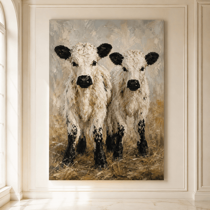 Two White Calves Wrapped Canvas Wall Art – Rustic Farmhouse Baby Cow Painting Print - ART OF ROYALS