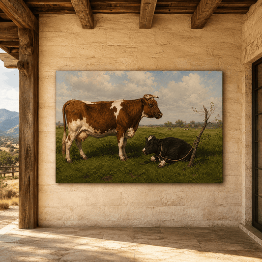 Vintage Cow and Calf Wrapped Canvas Wall Art – Rustic Cattle Pasture Farmhouse Print - ART OF ROYALS