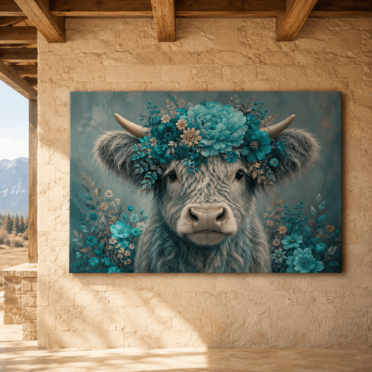 Floral Highland Cow Wrapped Canvas Wall Art – Turquoise Blue Flower Crown Farmhouse Print - ART OF ROYALS