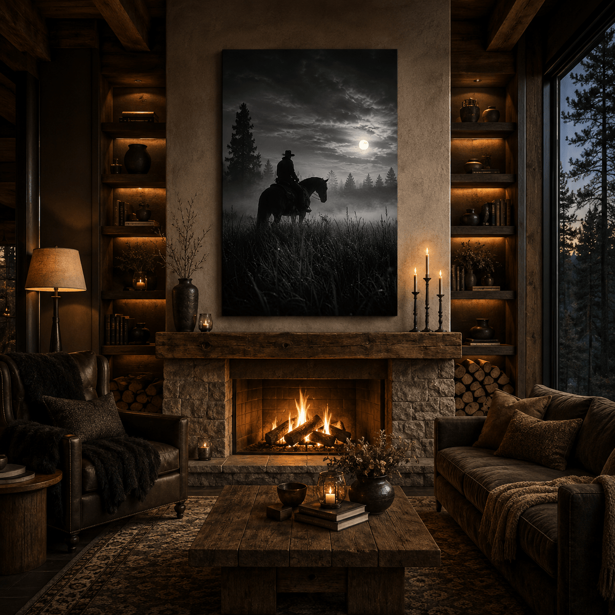 Black and White Cowboy on Horse Under Full Moon Wrapped Canvas Wall Art – Western Night Landscape Print - ART OF ROYALS