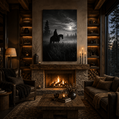 Black and White Cowboy on Horse Under Full Moon Wrapped Canvas Wall Art – Western Night Landscape Print - ART OF ROYALS