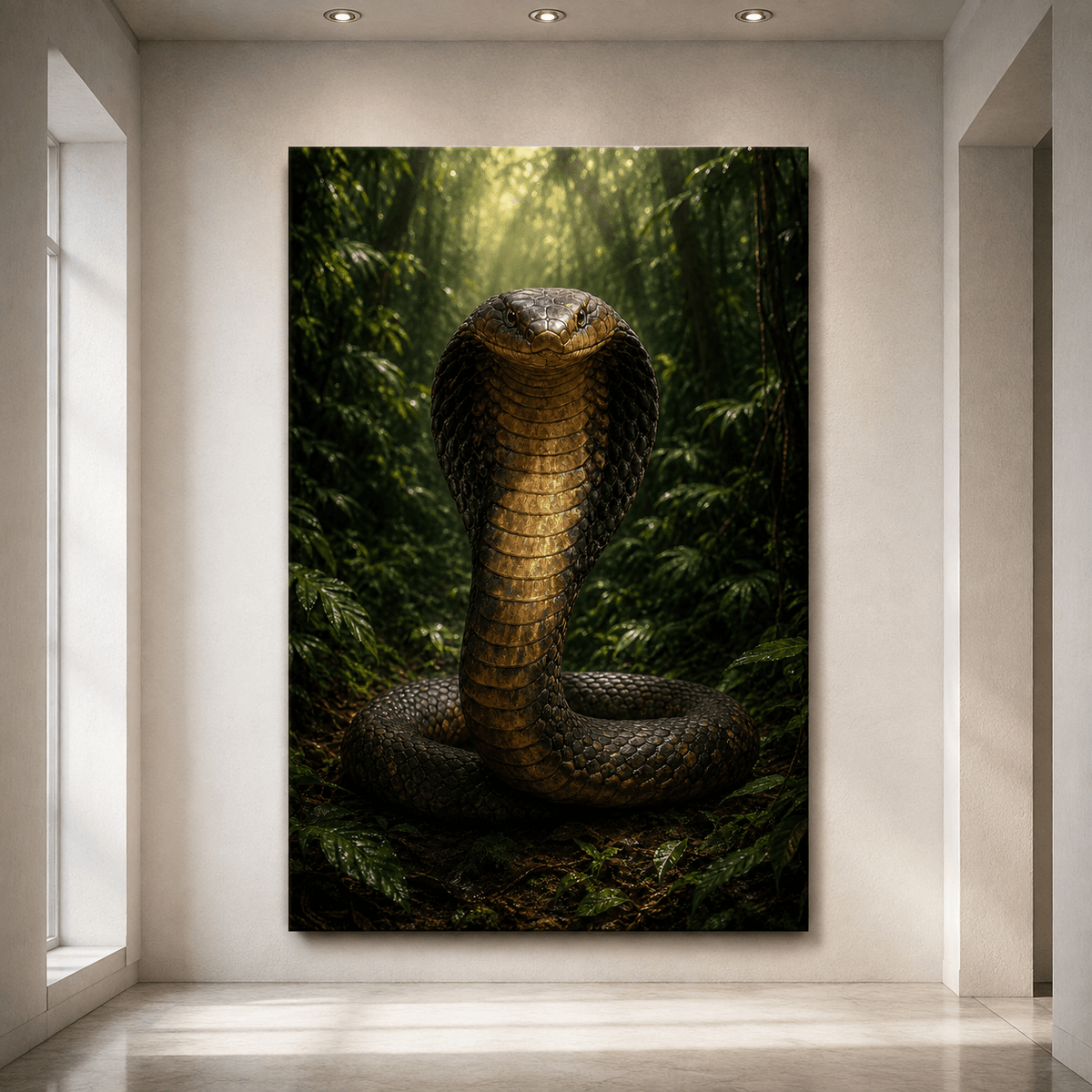 King Cobra in Tropical Rainforest Wrapped Canvas Wall Art – Powerful Hooded Snake Wildlife Print - ART OF ROYALS