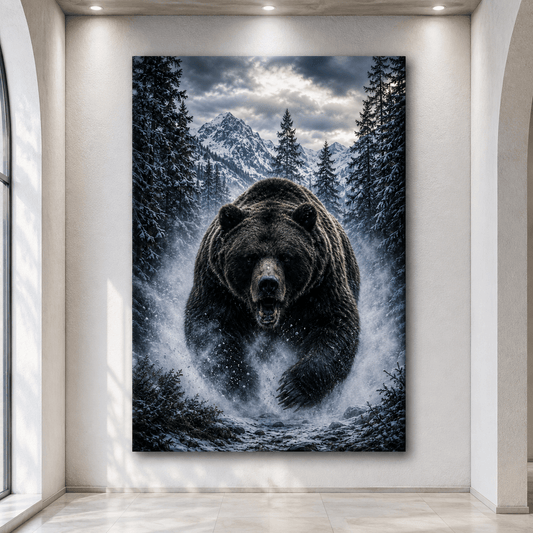 Charging Grizzly Bear in Snow Wrapped Canvas Wall Art – Mountain Wildlife Forest Print - ART OF ROYALS