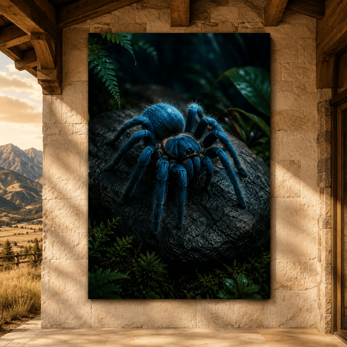 Blue Tarantula on Rainforest Log Wrapped Canvas Wall Art – Exotic Spider Nature Print - ART OF ROYALS